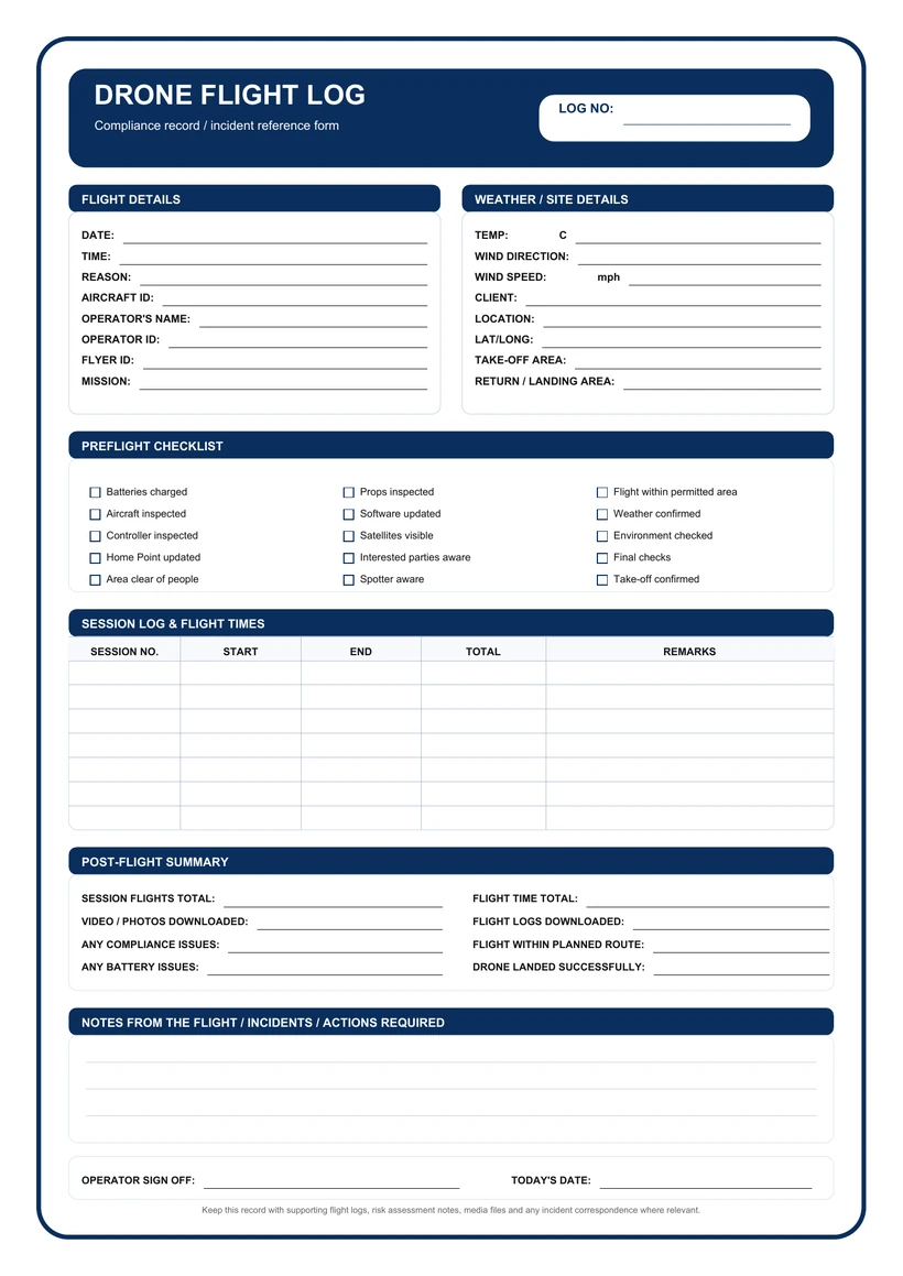 Sample logbook page from Drone Flight Logbook