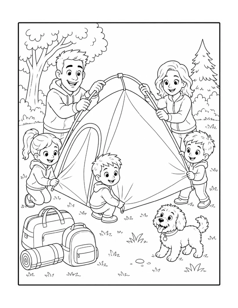 Sample colouring page from Colouring Book Family Camping