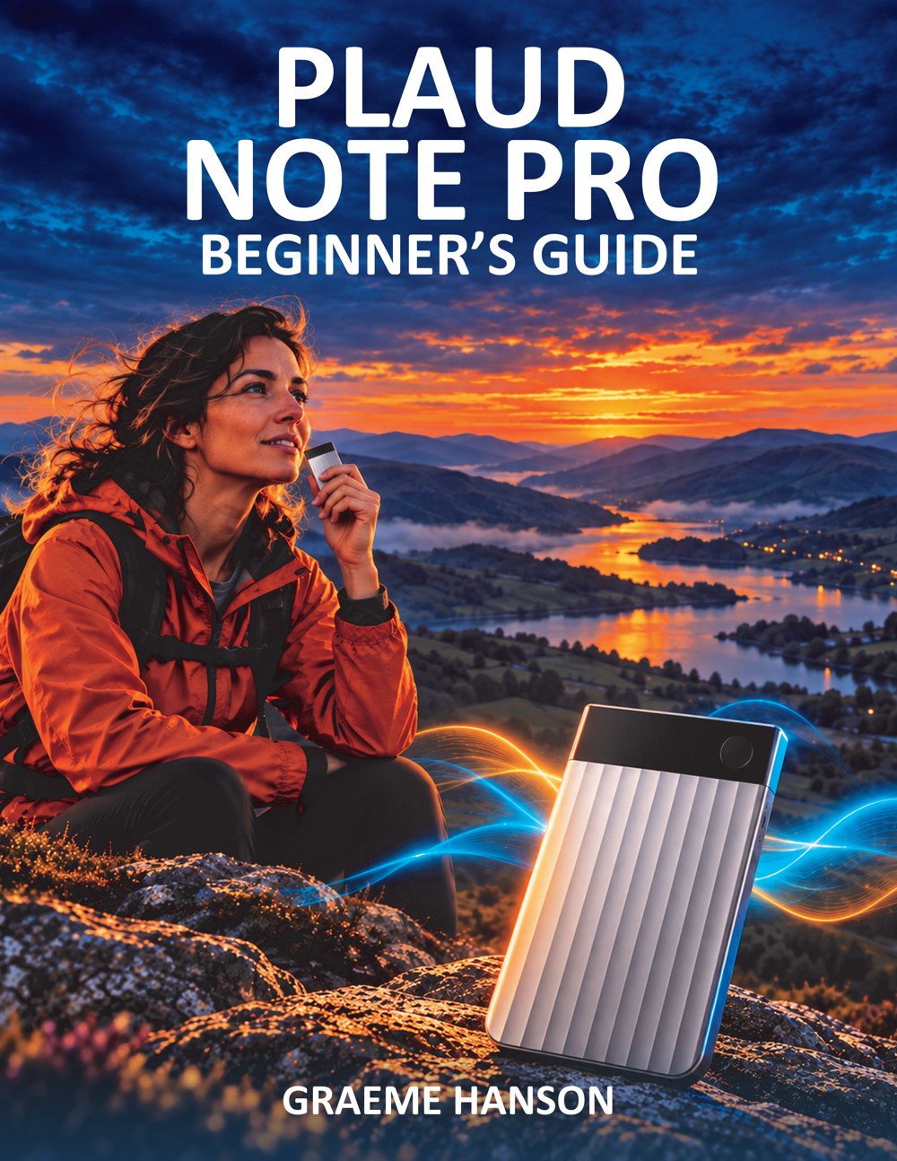 Plaud Note Pro Beginner’s Guide by Graeme Hanson, with a silver recorder and teal and coral light trails